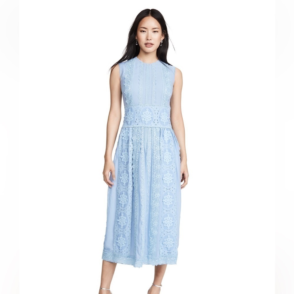 Costarellos baby blue sleeveless Lace chiffon Guipure midi dress 42 - Picture 2 of 10